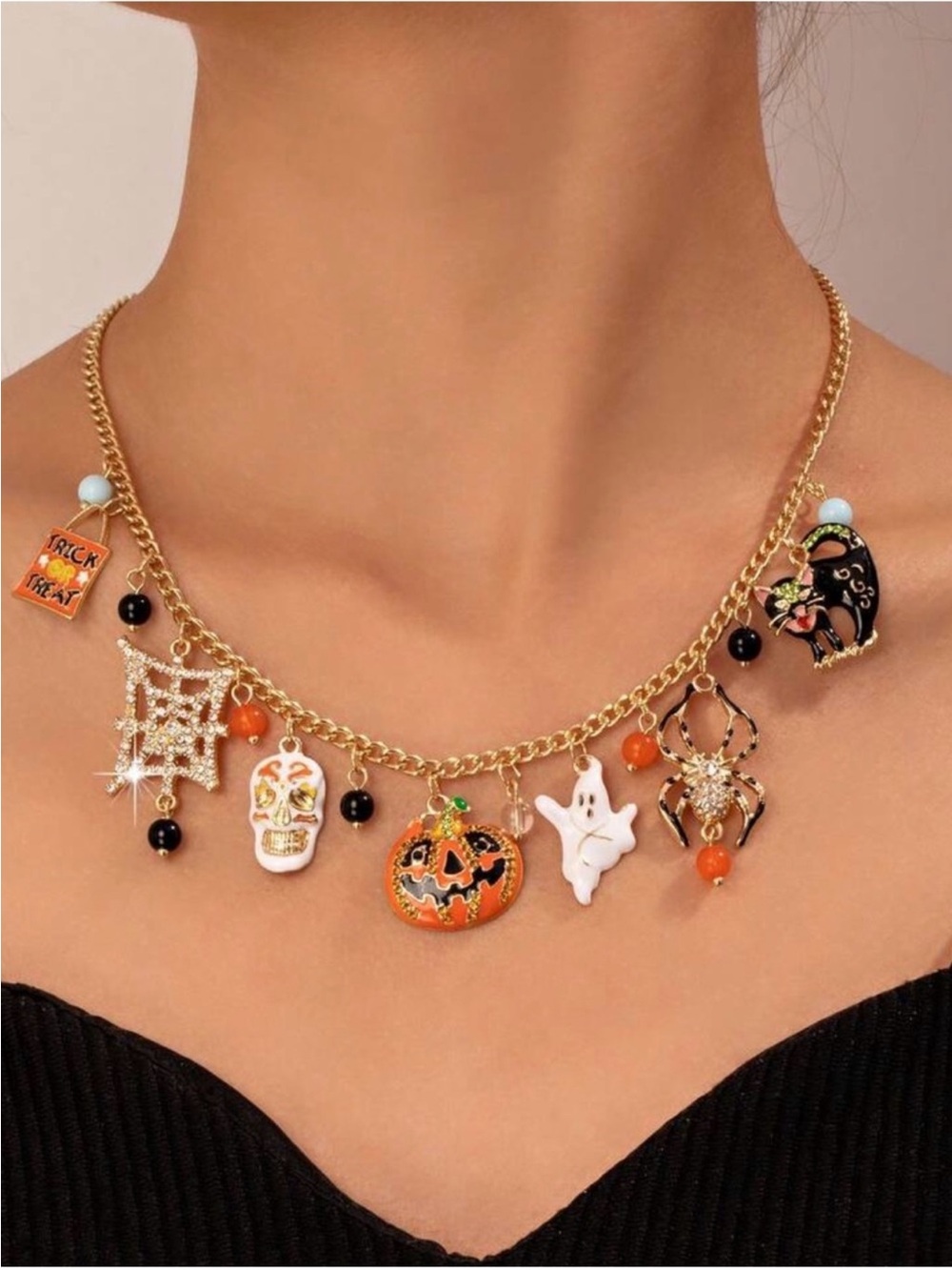 Gold Halloween Charm Necklace with Orange and Black Accents